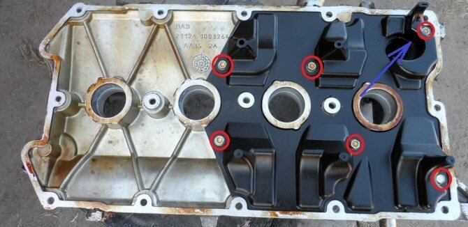 Размещение болтов крепления сепаратора и фиксатора маслоотражателя на крышке головке блока цилиндров двигателя ВАЗ-21126 Лада Гранта (ВАЗ 2190)