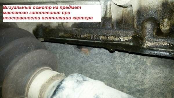 Визуальный осмотр на предмет масляного запотевания при неисправности вентиляции картера
